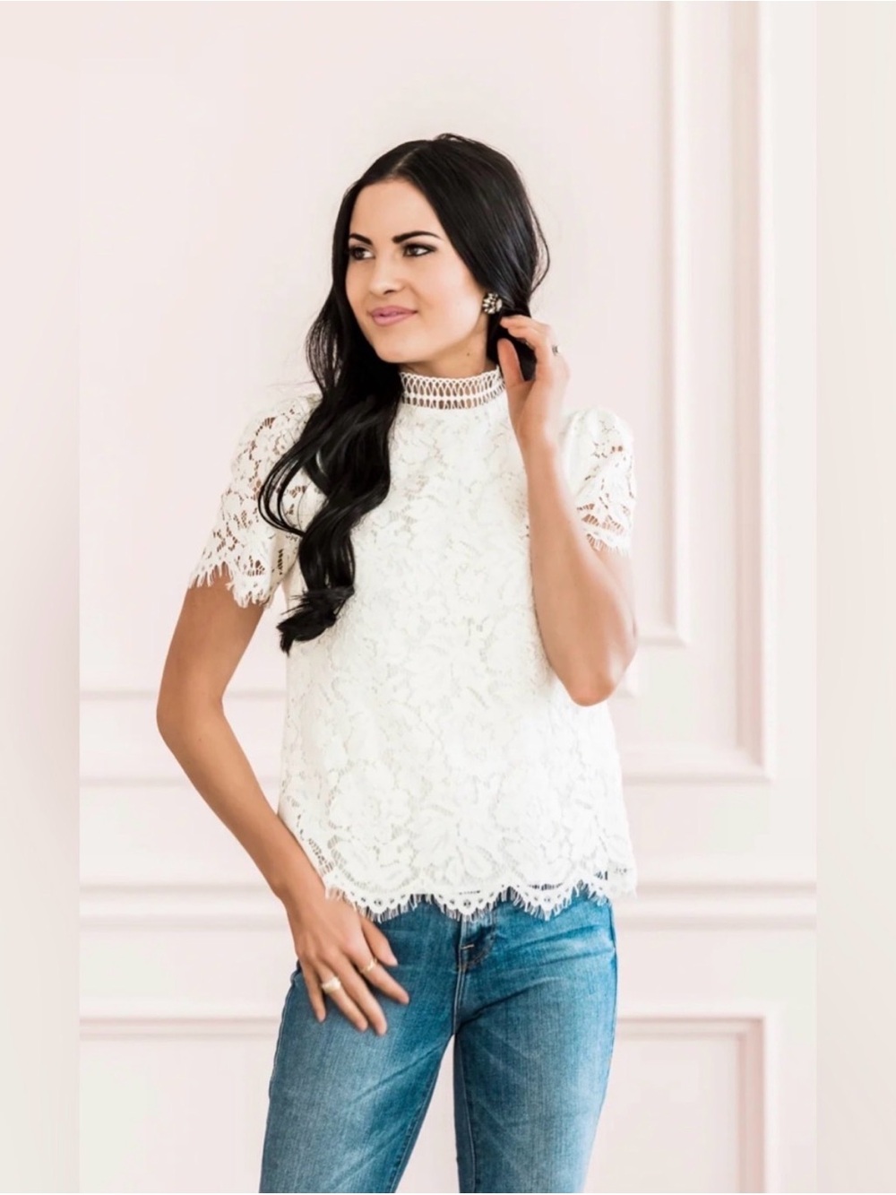 Rachel Parcell White Lace Short Sleeve Blouse, small